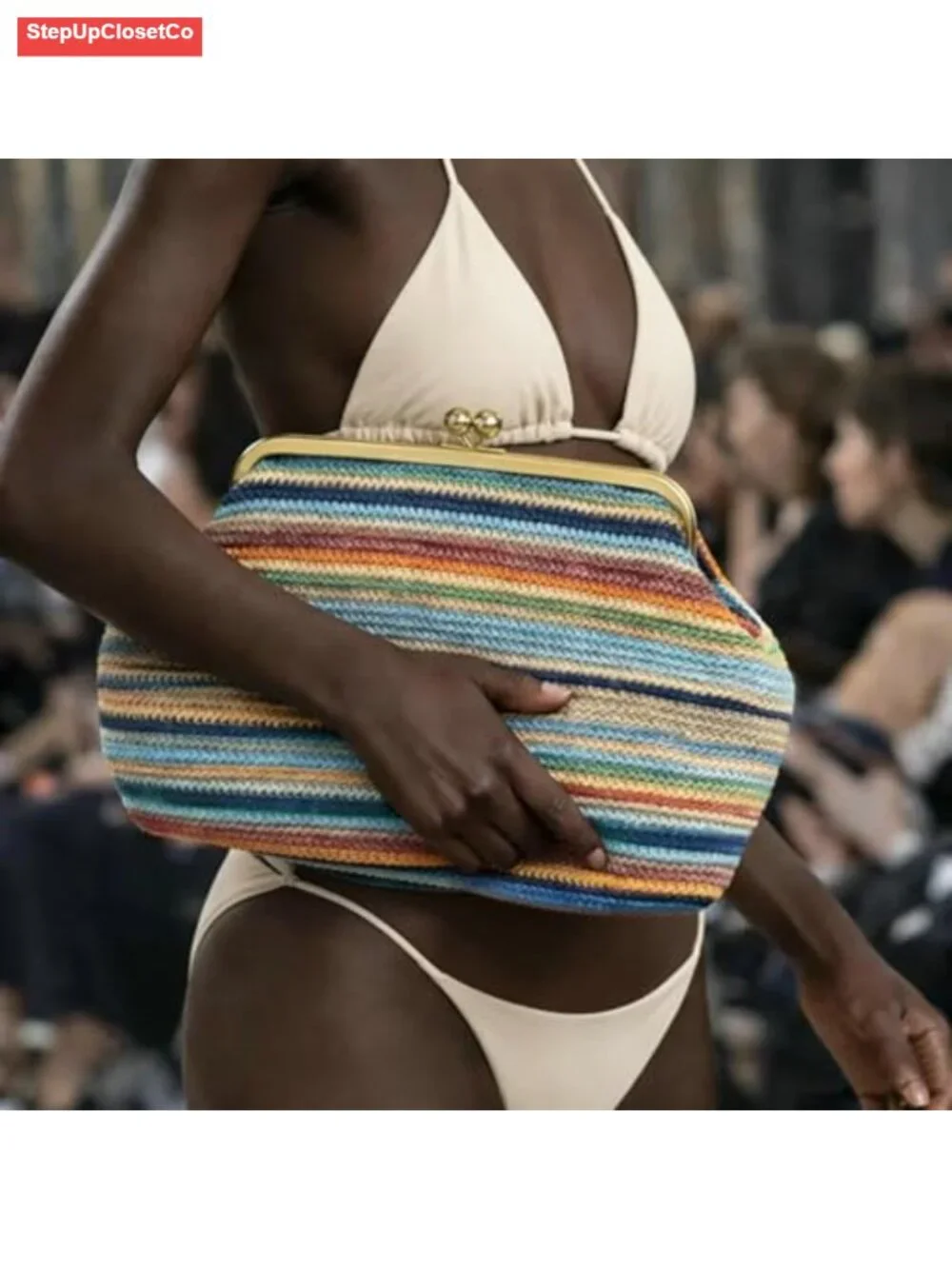 Handwoven PP Straw Hobo Bag with Kiss-Lock Closure Summer Beach Tote